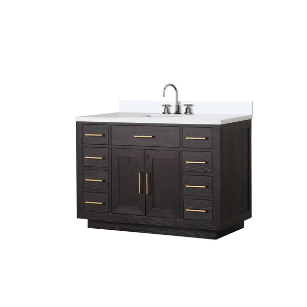 English Elm Black Oak Single Bath Vanity 48" W x 22" D with White Quartz Top, Chrome Gooseneck Faucet, Soft-Close B2731P260831