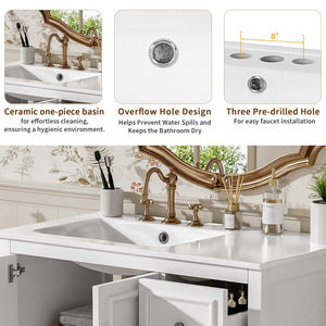 English Elm 36'' Transitional Bathroom Vanity with Ceramic Sink, Solid Wood Frame, Adjustable U-Shelf & Soft-Close Doors White N729P292966K