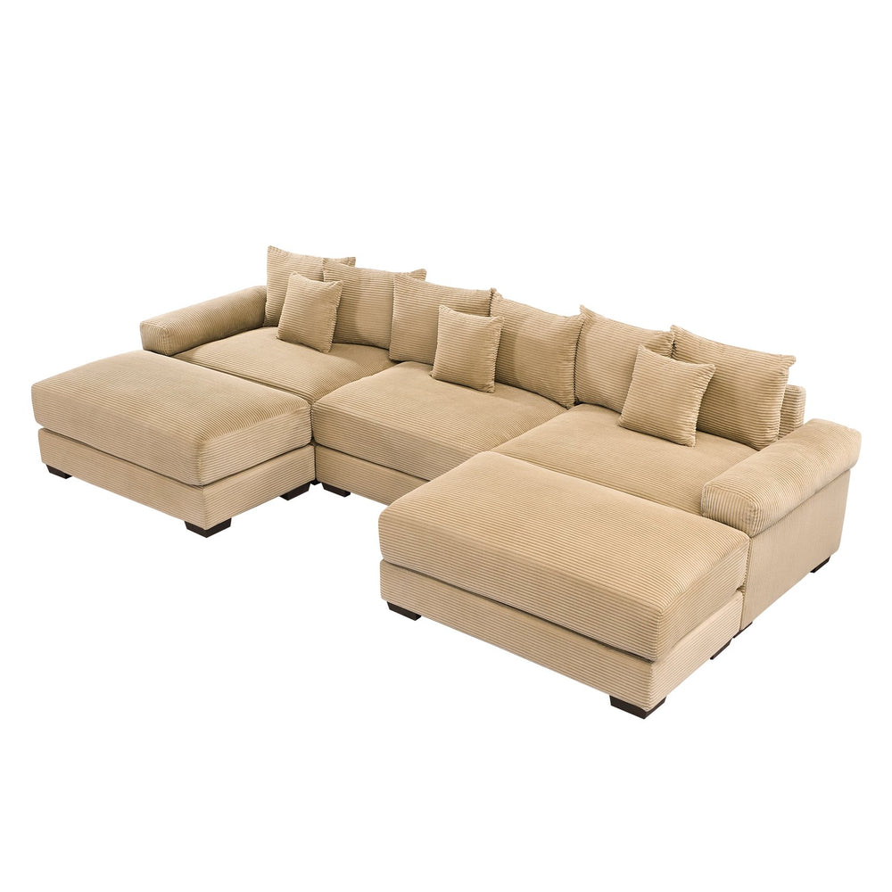 English Elm 130" Oversized Cloud Modular Sectional Couch In Plush Camel Corduroy, Ergonomic Design & Ottoman Included For Ultimate Comfort W714S01309
