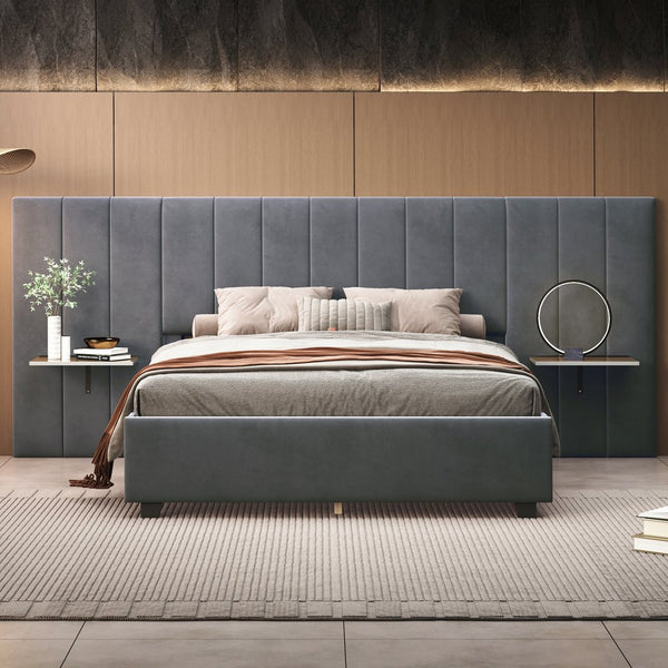 English Elm Queen Upholstered Platform Bed with Oversized Velvet Headboard, Built-In Shelves, Modern Comfort and Support for Relaxation Gray SF000138AAE