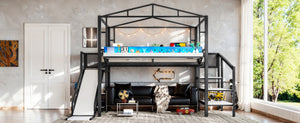 English Elm Twin Metal Loft Bed with Built-in Wardrobe Storage Stairs Led Lights and Usb Ports W5316S00047