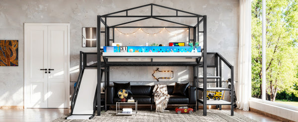 English Elm Twin Metal Loft Bed with Built-in Wardrobe Storage Stairs Led Lights and Usb Ports W5316S00047
