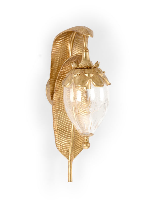 Chelsea House Gold Leaf Antique Gold Leaf Sconce With Etched Glass Diffuser — Sculpted Botanical Wall Light 69600