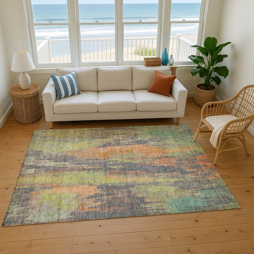 HomeRoots 9' X 12' Vibrant Abstract Area Rug in Orange, Teal & Gold - Durable, Washable & UV Protected Design 696001