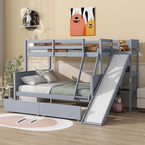 English Elm Twin Over Full Bunk Bed With Slide, Drawers & Shelves – Durable Rubberwood Design In Grey Finish W504S00204-GIGA