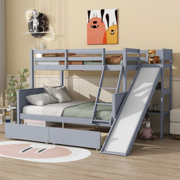 English Elm Twin Over Full Bunk Bed With Slide, Drawers & Shelves – Durable Rubberwood Design In Grey Finish W504S00204-GIGA