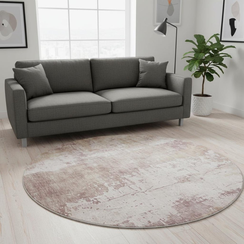 HomeRoots 8' Blush and Ivory Abstract Washable Round Rug - Stylish, Stain-Resistant, UV-Protected, Modern Design! 696011