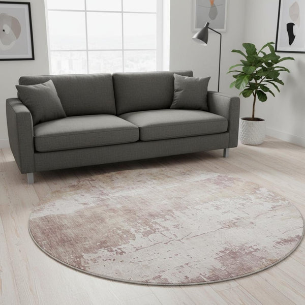 HomeRoots 8' Blush and Ivory Abstract Washable Round Rug - Stylish, Stain-Resistant, UV-Protected, Modern Design! 696011