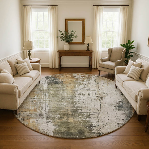HomeRoots 8' Olive Green Copper Abstract Washable Round Rug with UV Protection - Stylish & Durable Design! 696017