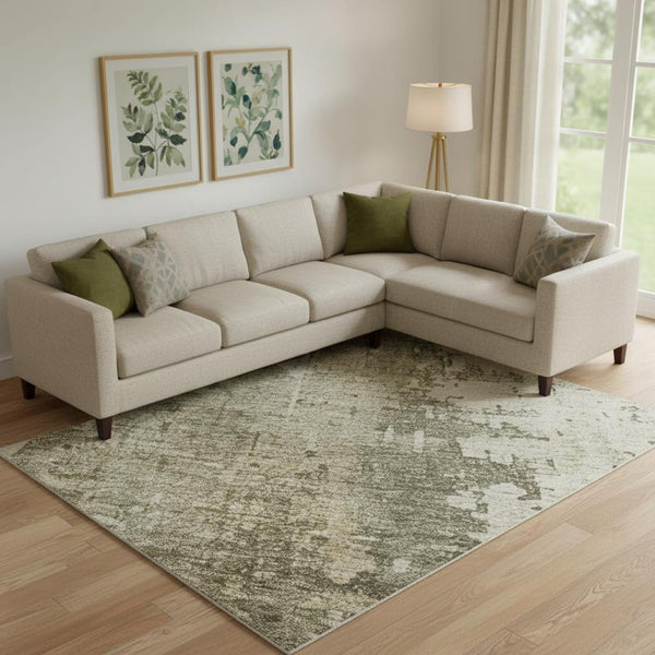 HomeRoots 10' X 14' Olive Green Abstract Area Rug - Washable, UV-Resistant, Durable Design for Modern Spaces 696020