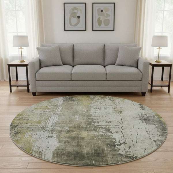 HomeRoots 8' Abstract Washable Round Rug in Pewter, Gold & Ivory - UV Protected, Stain Resistant & Non-Slip! 696023