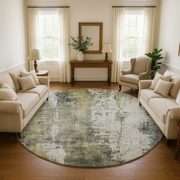 HomeRoots 8' Abstract Washable Round Rug in Pewter, Gold & Ivory - UV Protected, Stain Resistant & Non-Slip! 696023