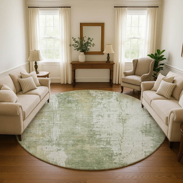 HomeRoots 8' Sage and Ivory Abstract Round Rug - Washable, UV Protected, Stylish & Durable for Modern Homes 696029