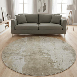 HomeRoots 8' Taupe and Ivory Abstract Round Rug - Washable, Durable, UV-Protected, Perfect for Busy Homes! 696035