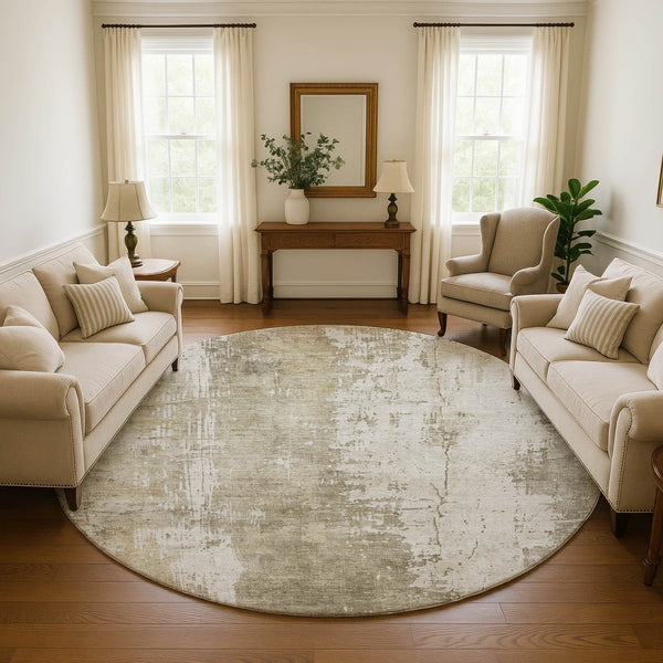 HomeRoots 8' Taupe and Ivory Abstract Round Rug - Washable, Durable, UV-Protected, Perfect for Busy Homes! 696035