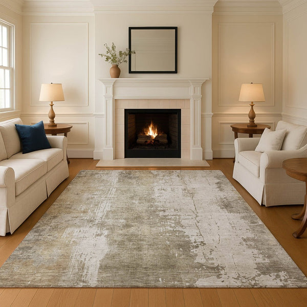 HomeRoots 9' X 12' Taupe and Ivory Abstract Area Rug - Durable, Washable, Stain-Resistant with UV Protection! 696037