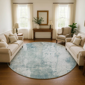 HomeRoots 8' Turquoise and Ivory Abstract Washable Round Rug - UV Protected, Stylish, Easy-Clean Design for All Spaces 696041