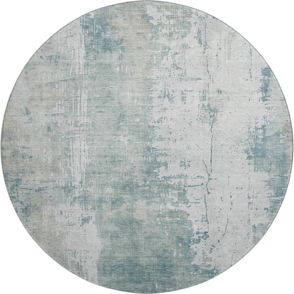 HomeRoots 8' Turquoise and Ivory Abstract Washable Round Rug - UV Protected, Stylish, Easy-Clean Design for All Spaces 696041