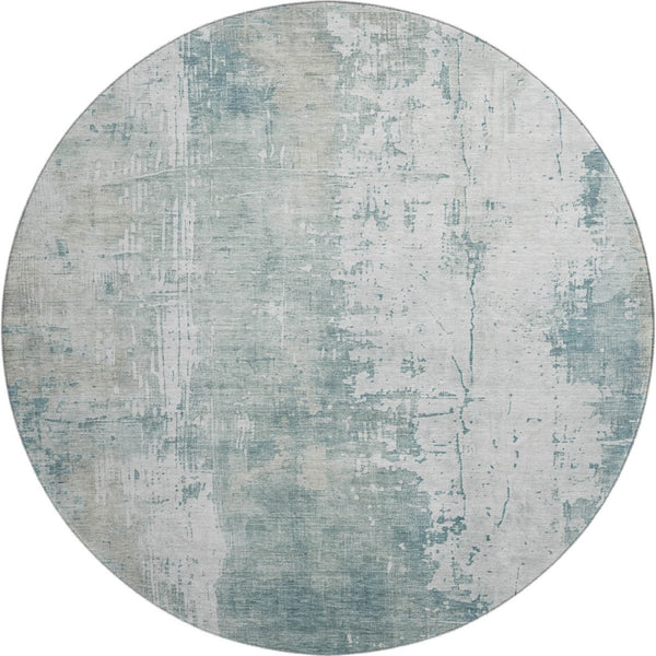 HomeRoots 8' Turquoise and Ivory Abstract Washable Round Rug - UV Protected, Stylish, Easy-Clean Design for All Spaces 696041