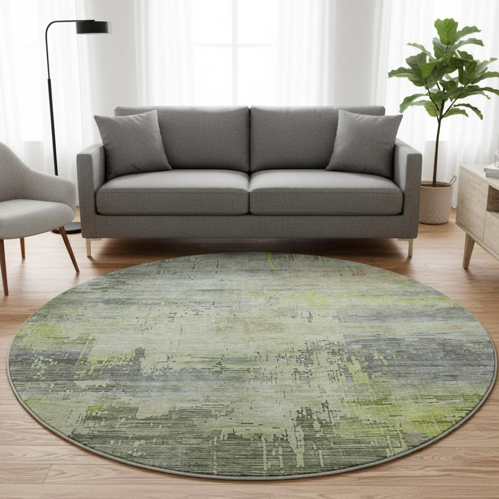 HomeRoots 8' Artichoke Green Charcoal Silver Round Rug - Washable, Stain Resistant, UV Protected for Modern Homes 696047
