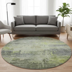 HomeRoots 8' Artichoke Green Charcoal Silver Round Rug - Washable, Stain Resistant, UV Protected for Modern Homes 696047