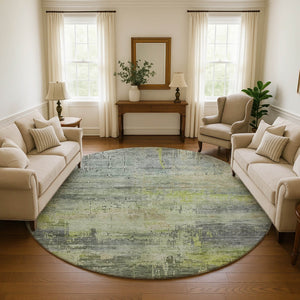HomeRoots 8' Artichoke Green Charcoal Silver Round Rug - Washable, Stain Resistant, UV Protected for Modern Homes 696047