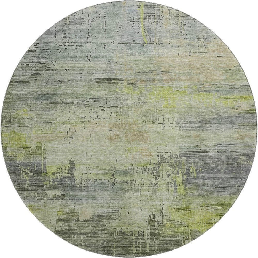 HomeRoots 8' Artichoke Green Charcoal Silver Round Rug - Washable, Stain Resistant, UV Protected for Modern Homes 696047