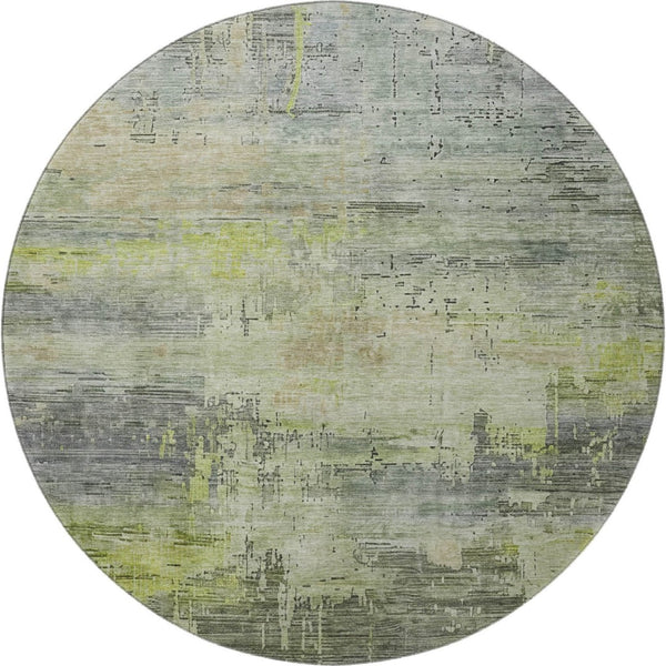 HomeRoots 8' Artichoke Green Charcoal Silver Round Rug - Washable, Stain Resistant, UV Protected for Modern Homes 696047