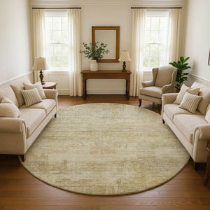 HomeRoots 8' Beige And Wheat Abstract Round Rug - Washable, UV-Protected, Stain-Resistant, Non-Slip Design 696053