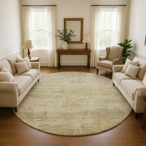 HomeRoots 8' Beige And Wheat Abstract Round Rug - Washable, UV-Protected, Stain-Resistant, Non-Slip Design 696053