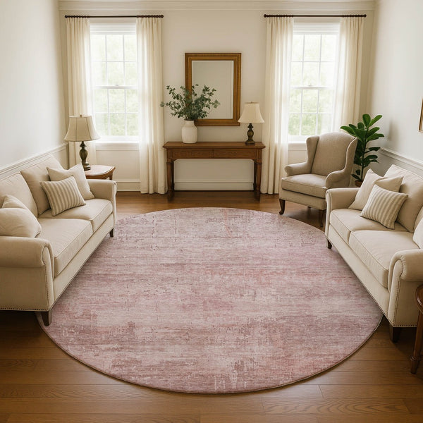 HomeRoots 8' Blush and Mauve Abstract Round Rug – Washable, Stain-Resistant, UV-Protected for Home Comfort 696059