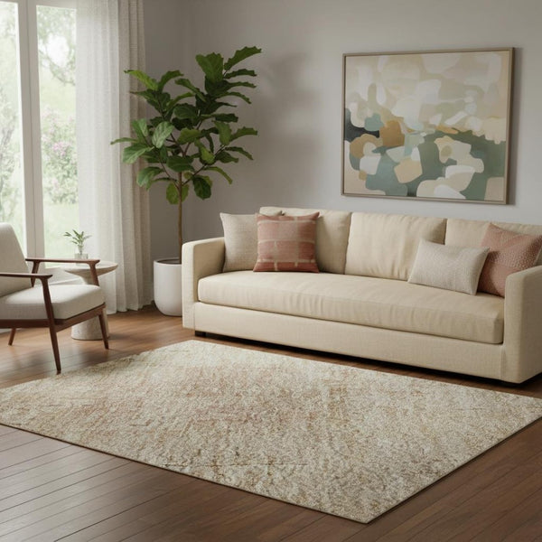 HomeRoots 5' X 8' Coral & Beige Abstract Area Rug - Washable, UV Protected, Perfect for Modern Living Spaces! 696064