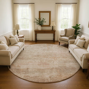 HomeRoots 8' Coral and Beige Abstract Washable Round Rug - Durable, UV-Protected, Ideal for Busy Homes 696065
