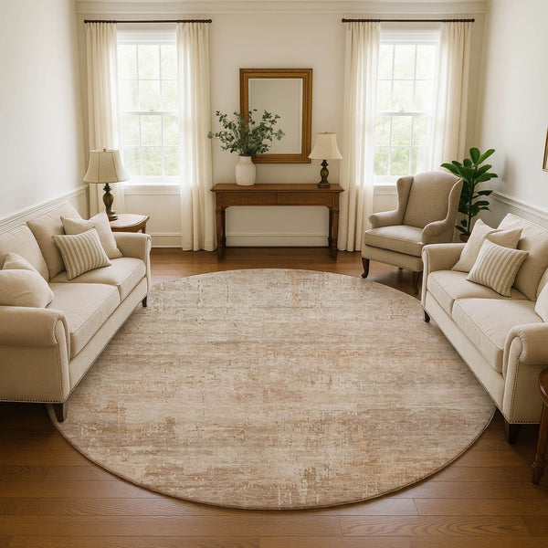 HomeRoots 8' Coral and Beige Abstract Washable Round Rug - Durable, UV-Protected, Ideal for Busy Homes 696065