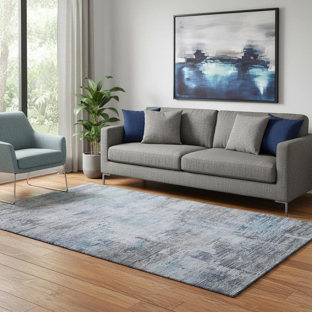 HomeRoots 5' Gray and Blue Abstract Washable Area Rug - Durable, Stain-Resistant, UV-Protected for Homes 696070