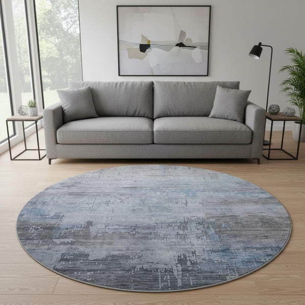 HomeRoots 8' Gray and Blue Abstract Washable Round Area Rug with UV Protection for Modern Homes and Easy Care 696071