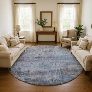 HomeRoots 8' Gray and Blue Abstract Washable Round Area Rug with UV Protection for Modern Homes and Easy Care 696071