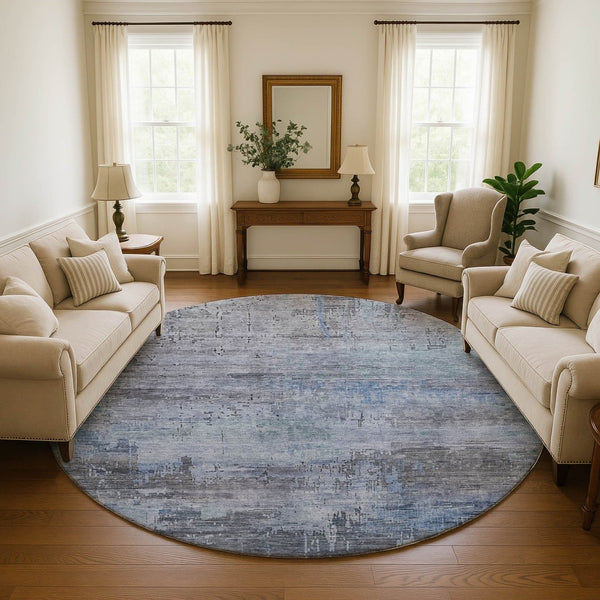 HomeRoots 8' Gray and Blue Abstract Washable Round Area Rug with UV Protection for Modern Homes and Easy Care 696071