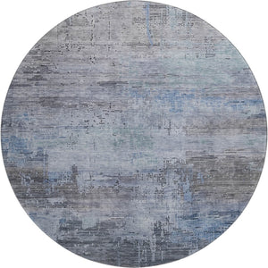 HomeRoots 8' Gray and Blue Abstract Washable Round Area Rug with UV Protection for Modern Homes and Easy Care 696071