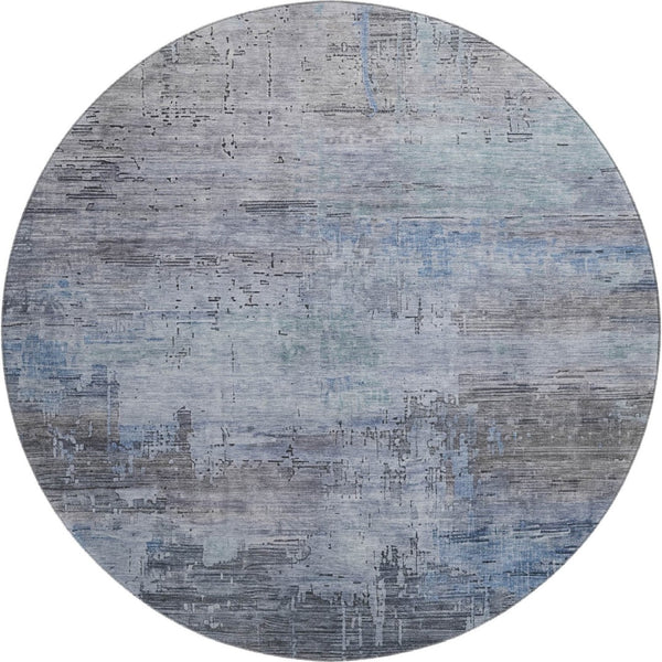 HomeRoots 8' Gray and Blue Abstract Washable Round Area Rug with UV Protection for Modern Homes and Easy Care 696071