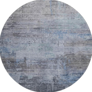 HomeRoots 8' Gray and Blue Abstract Washable Round Area Rug with UV Protection for Modern Homes and Easy Care 696071
