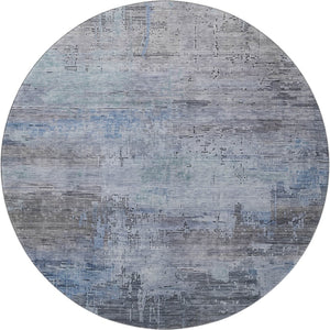 HomeRoots 8' Gray and Blue Abstract Washable Round Area Rug with UV Protection for Modern Homes and Easy Care 696071