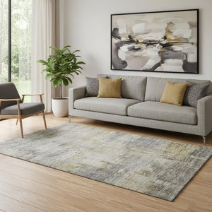 HomeRoots 5' X 8' Pewter & Wheat Abstract Washable Area Rug - Stain-Resistant, UV Protected & Non-Slip Backing 696082