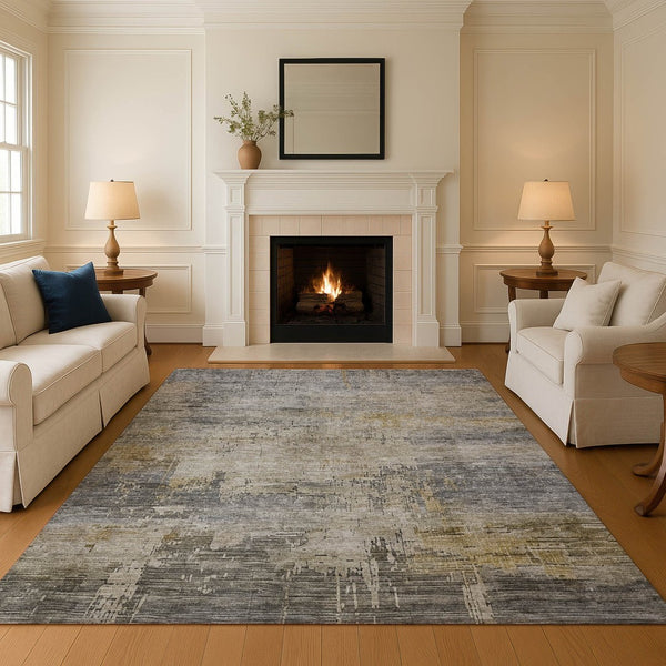 HomeRoots 5' X 8' Pewter & Wheat Abstract Washable Area Rug - Stain-Resistant, UV Protected & Non-Slip Backing 696082