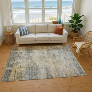 HomeRoots 5' X 8' Pewter & Wheat Abstract Washable Area Rug - Stain-Resistant, UV Protected & Non-Slip Backing 696082