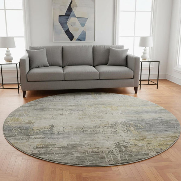 HomeRoots 8' Modern Abstract Washable Round Rug in Pewter & Wheat - UV Protected, Stain Resistant & Durable Design 696083