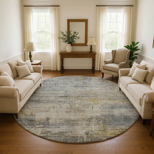 HomeRoots 8' Modern Abstract Washable Round Rug in Pewter & Wheat - UV Protected, Stain Resistant & Durable Design 696083