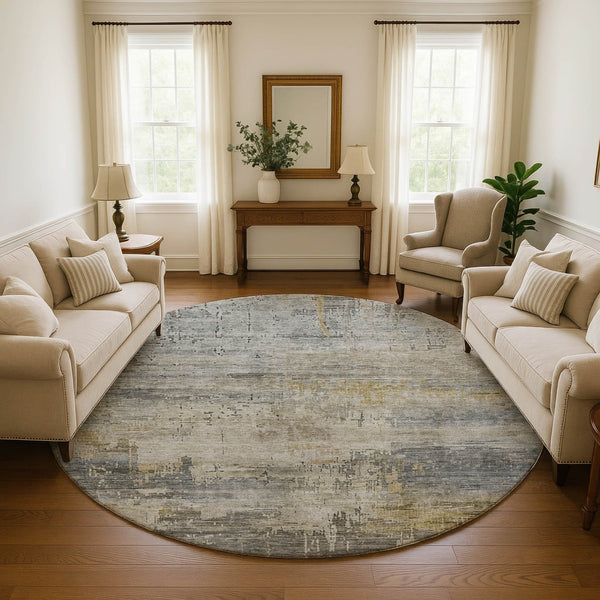 HomeRoots 8' Modern Abstract Washable Round Rug in Pewter & Wheat - UV Protected, Stain Resistant & Durable Design 696083