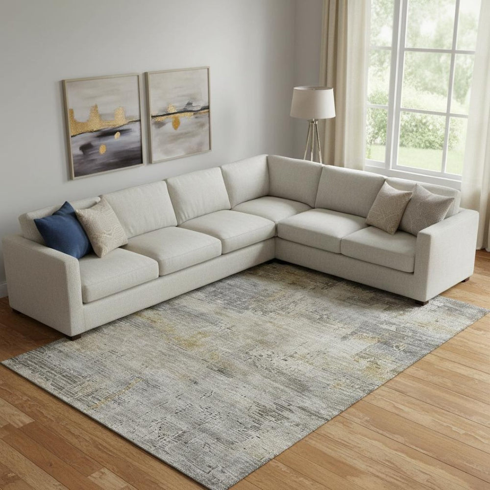 HomeRoots 9' X 12' Modern Pewter & Wheat Abstract Washable Area Rug with UV Protection for High-Traffic Areas 696085