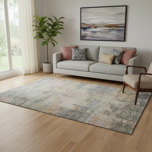 HomeRoots 5' X 8' Modern Abstract Washable Area Rug in Sage, Gold & Beige – UV Protected & Stain Resistant! 696088